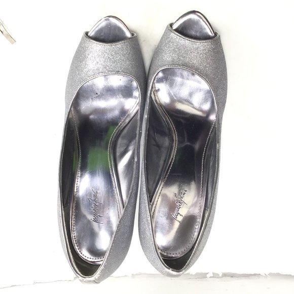 Jacqueline Ferrar Women Silver Sparkle Glitter Peep Toe Heels Platform Size 10 - Picture 6 of 11